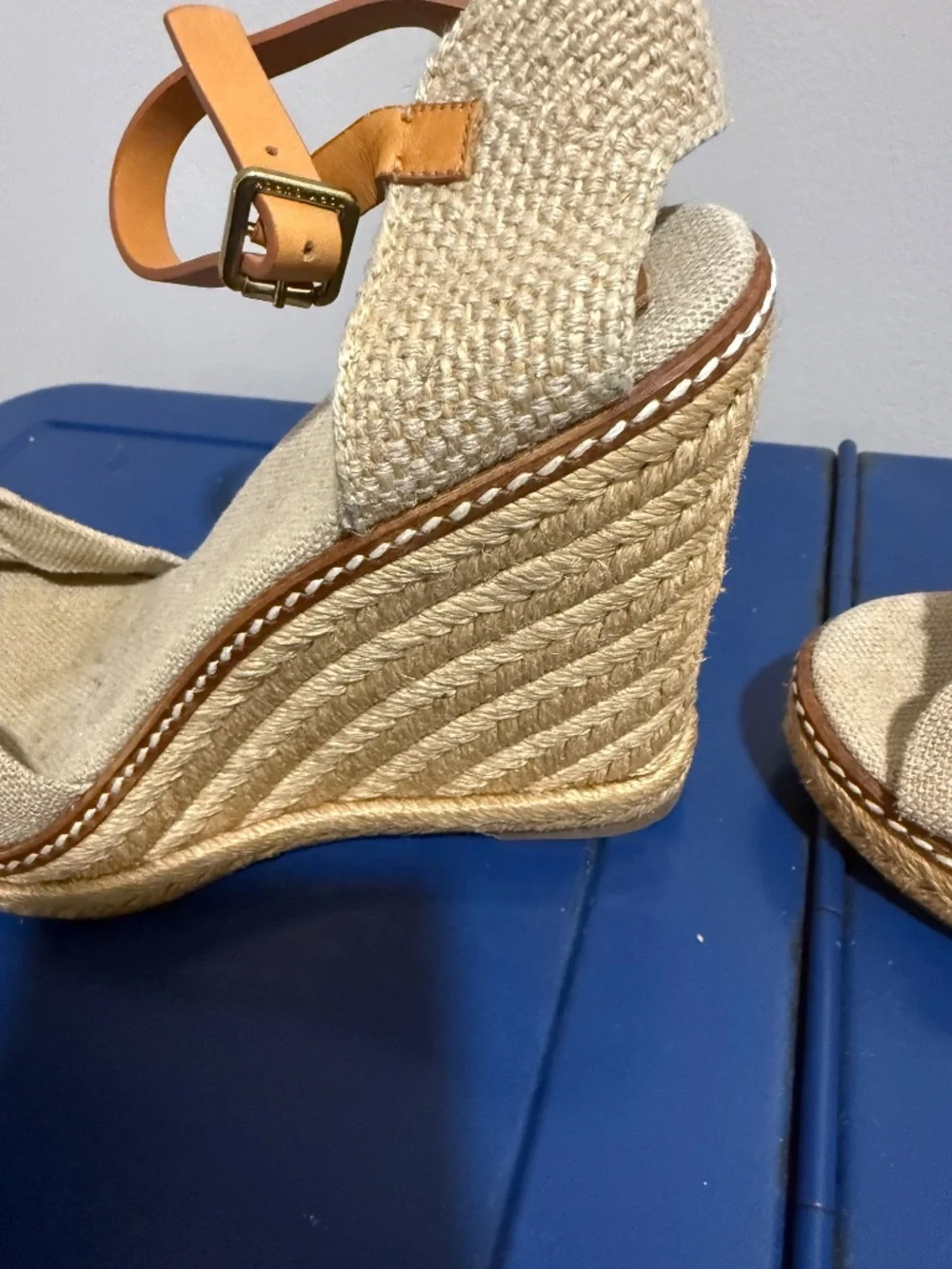 Tory Burch Knotted Linen Espadrille Wedge Sandal Gold Natural 8B Ankle Strap